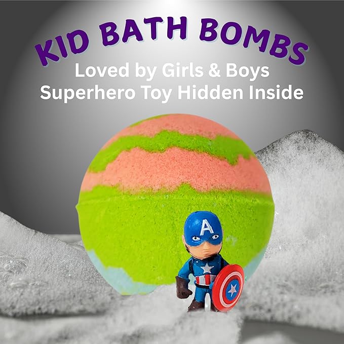EvolutionUSA 1pc Epic Superhero Bath Bombs for Kids, Super Hero Bath Bomb with Toy Inside, Lush Children Bathbomb, Organic Bathbomb with Surprise Inside, Fizzy Fun Superhero Bath Ball Bath Toy