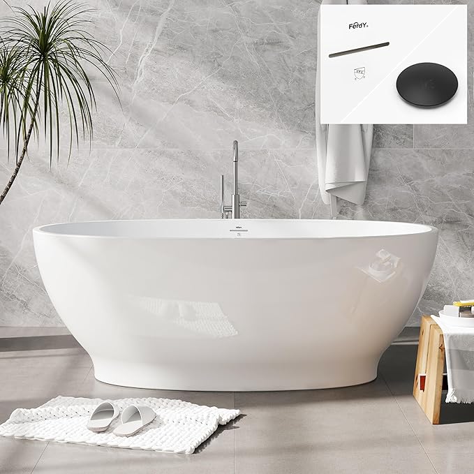 FerdY Koh Samui 65" Freestanding Bathtub, Elegant Oval Shape, Double Walled Insulation Bathtub with Center Matte Black Drain & Minimalist Linear Design Overflow