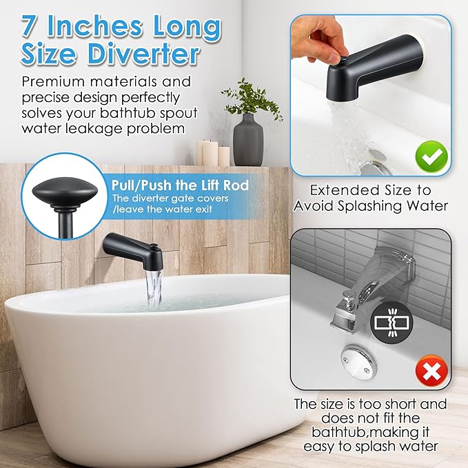 Enhon 7 Inch Slip on Tub Spout with Diverter, Compatible with Moen 3839/Moen 3853, Bathtub Diverter Spout Fits 1/2" Copper Water Tube(5/8" Diameter), 5/32" Hex Wrench(Matte Black,Classic)