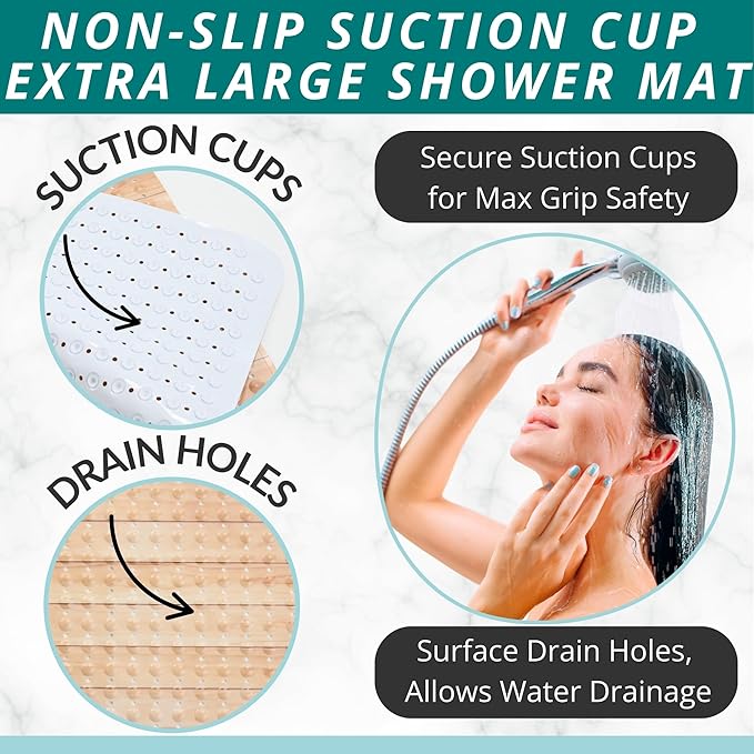 ENKOSI Extra Large Square Non Slip Shower Mat - 31 x 31-inch XL Bathroom Shower Mat - Square Shower Mats for Shower Stall Floors - Secure Suction Cups and Drain Holes (31x31 Wood Teak)
