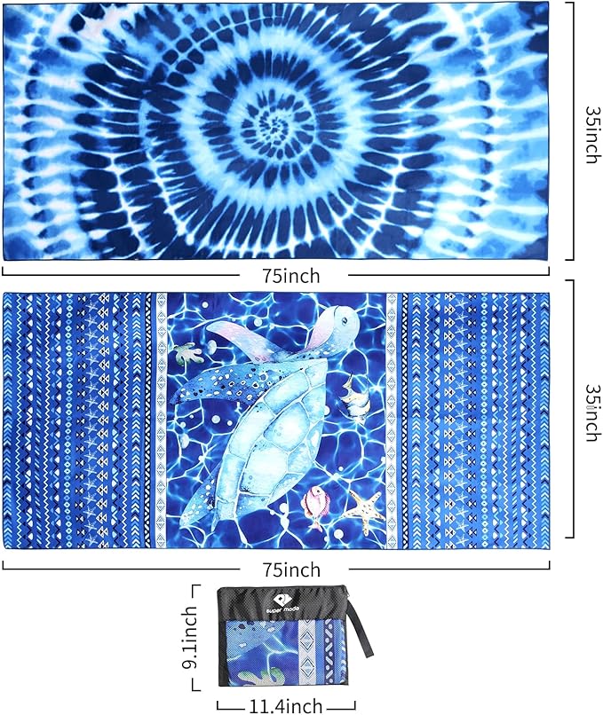 2 Pack Microfiber Beach Towel, Blue and Blue Oversized Pool Towel 75”x 35”, Sand-Free Quick Drying Camping Super Absorbent Bath Blanket, Soft Breathable and Lightweight