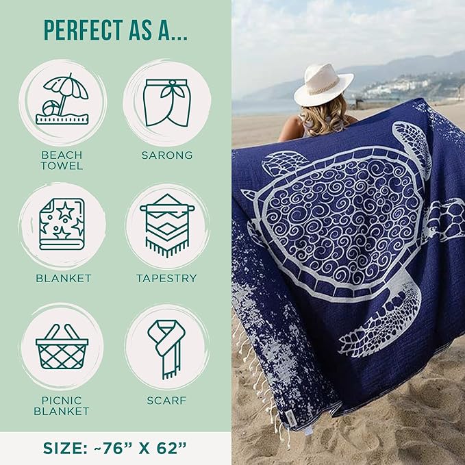 Sand Cloud Large Turkish Beach Towel - Sand Free - 100% Organic Turkish Cotton Yarn - Quick Dry Towel for Beach, Picnic, Blanket or Bath - As Seen on Shark Tank - Marine Life (Navy Crush Turtle)