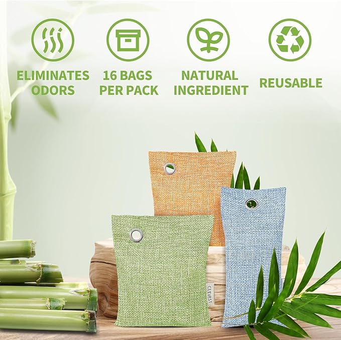 CLEVAST 16 Pack Activated Bamboo Charcoal Air Purifying Bags(8x100g, 8x50g), Natural Fresh Odor Absorber, Deodorizer and Moisture Eliminator, Air Purifier Bags for Home, Closet, Car Air freshener