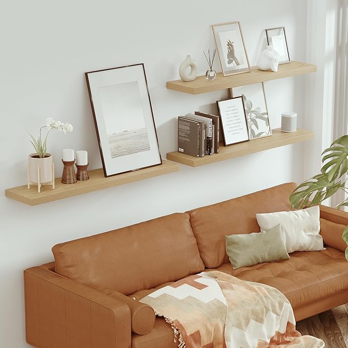 Vivelove Single Floating Shelves Oak 48 Inches, 48 x 10 inch Deep x 1.8 in Thick, Long Wall Shelves Heavy Duty 80 lbs for Bedroom, Living Room, Kitchen, Office, Modern Shelf Book Home Decor