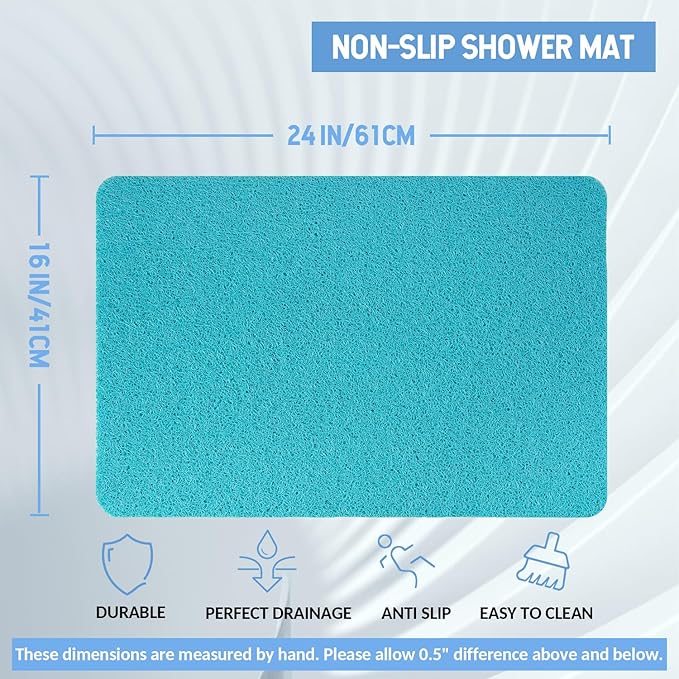 Non-Slip Bathtub Mat, 2 Pack Anti Slip Shower Mat, Fast Drying Bathtub Mats, Foot Scrubber Mat, Anti Slip Mat for Tub, Floor, Bathroom, Kitchen, Home, Hotel (Turquoise Blue 24"×16"+24"×16")