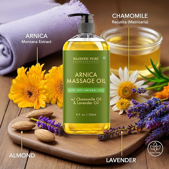 MAJESTIC PURE Arnica Massage Oil for Massage Therapy - Refreshing, and Relaxing - Natural Oils with Lavender & Chamomile Essential Oils - for All Skin Types - Men and Women - 8 fl oz