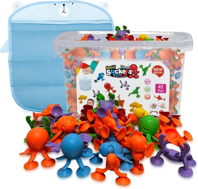 ODELA Genius Sucker Toys 42PCs Sea Animals Edition – Fun Colorful Toddler Bath Toy Animal Toys for Toddlers 1-3 – Safe and Durable Materials – Educational and Cute Designs – Ideal for Bath Time, Pool