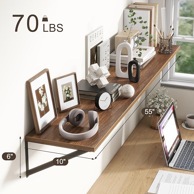 Floating Shelves 55 Inch Long, 10" Deep Floating Shelves, Walnut Wall Shelves 55 x 10, Set of 2, Wide Large Display Storage Shelves for Bathroom, Living Room, Rustic Wood Shelves with Brackets