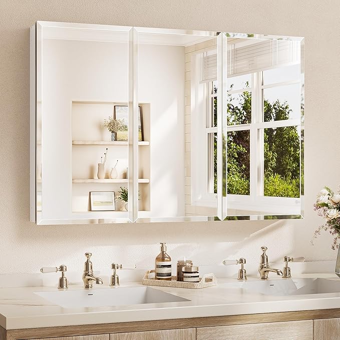 TETOTE 48 x 32 Medicine Cabinet with Tempered Beveled Mirror Silver Vanity Mirror with Storage Aluminum Cabinet DTC Hinges, Stepless Adjustable Shelves, Recessed/Surface-Mounted