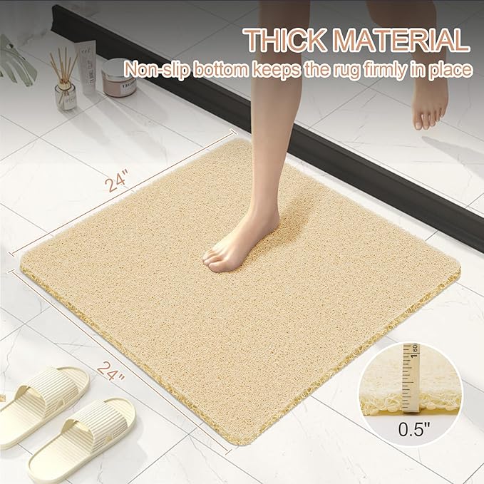 joyhalo Anti Slip Shower Mats, 24'' x 24'' Non Slip Bath Mat for Inside Shower, Bath Tub Mats, PVC Loofah, Beige