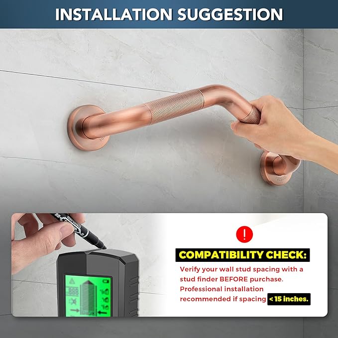 Grab Bars for Bathtubs and Showers- 1-1/4 x 16 Angled Shower Grab Bar for Seniors Knurled Stainless Steel Handicap Grab Bars for Wall (Antique Copper, 1 Pack)