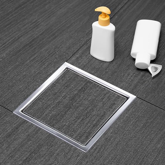 Square Shower Drain, Silver Shower Drain 6 inch with Flange and 2 in 1 Tile-Insert Cover, AISI 304 Stainless Steel Shower Floor Drain with Hair Catcher and Flange