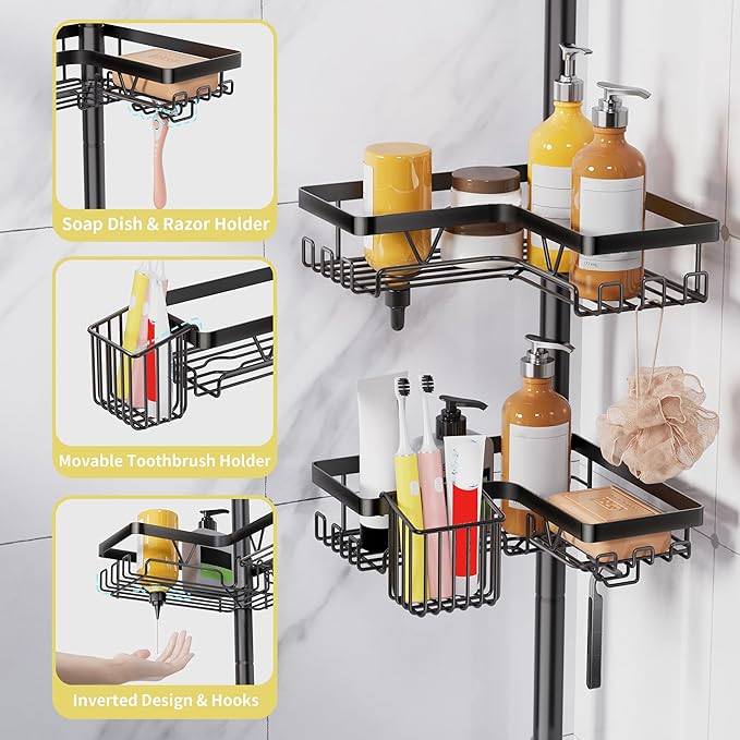 KEGII Corner Shower Caddy Tension Pole, Adjustable Bathroom Organizer Shelf with Toothbrush Holder, Floor to Ceiling Shower Organizer 25-114.2 Inch, Bathtub Storage Rack for Renters, Family