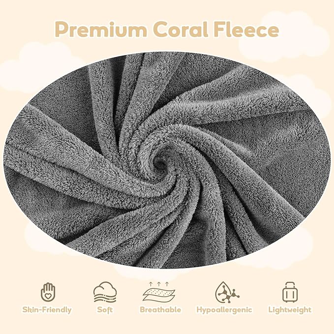 Hooded Towel for Newborn, 4 Pack Soft Coral Fleece Baby Towels, Ultra Absorbent Bath Cloths Bulk for Infants, Toddlers, Newborn Essential- 30 x 30 inch - Grey