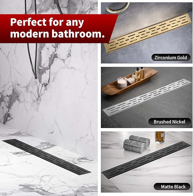 Sharp-tec Linear Shower Drain, 36 inch Shower Drain with Removable Pattern Cover, Matte Black 304 Stainless Steel Rectangle Floor Drain, Adjustable Feet and Hair Strainer Included (Model 101)
