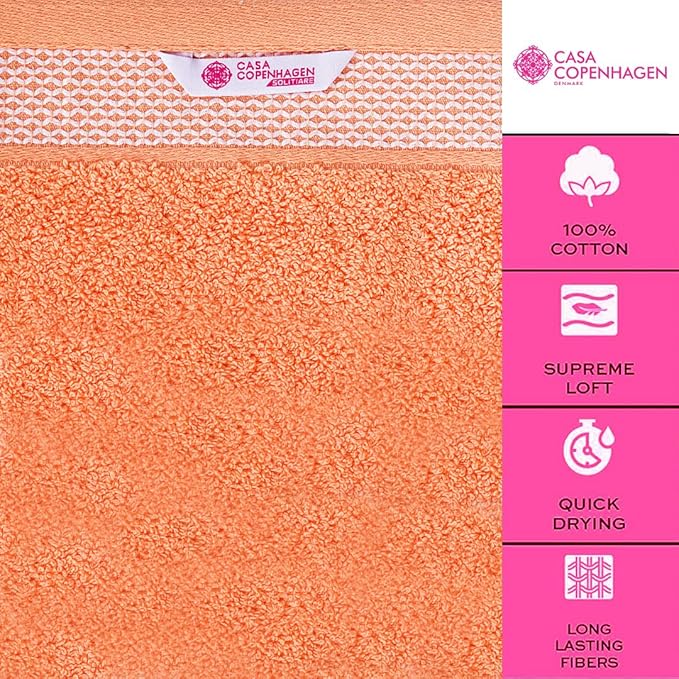 CASA COPENHAGEN Solitaire 6 Pieces Towel Set- Malibu Peach, 600 GSM 2 Bath Towel 2 Hand Towel 2 Washcloth, Designed in Denmark Made of Soft Egyptian Cotton for Bathroom, Kitchen & Shower