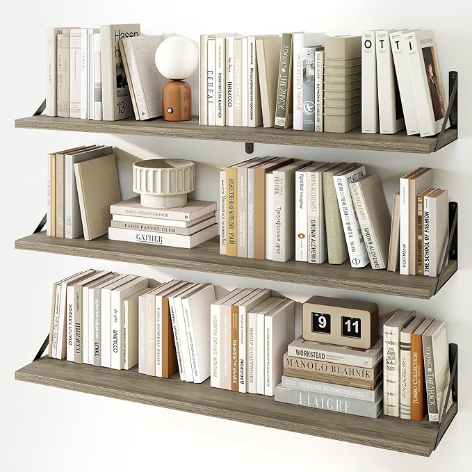 Fun Memories Long Wall Shelves for Bedroom, Set of 3 Large 40-Inch Floating Bookshelves, Rustic Wood Display Shelf for Home and Office (Grey)