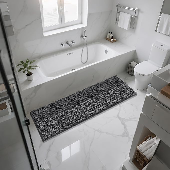 Yimobra Bathroom Runner Rug 60x24 Inch - Extra Long Non Slip Chenille Bath Mat, Soft & Absorbent, Machine Washable Shaggy Hallway Carpet for Vanity Tub Shower, Dark Gray Home Decor Accessories