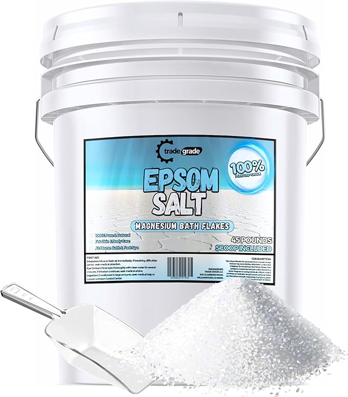 Epsom Salt Bath Soak 45 lb Bucket – Unscented, Pure Epsom Salt Bulk Crystals, Magnesium Sulfate for Full Body or Foot Soaks, Resealable Container with Scoop for Home Bath Use