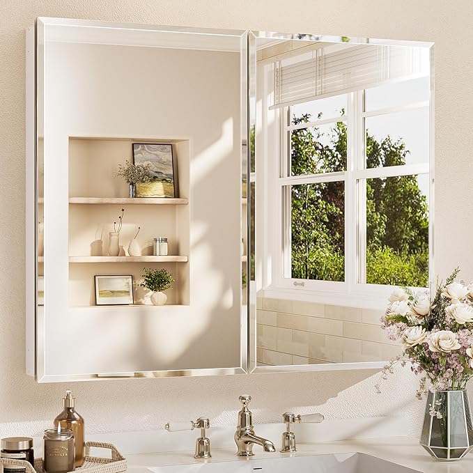 TETOTE 40 x 32 Medicine Cabinet with Tempered Beveled Mirror Silver Medicine Cabinet Mirror Aluminum Cabinet DTC Hinges, Stepless Adjustable Shelves, Recessed/Surface-Mounted