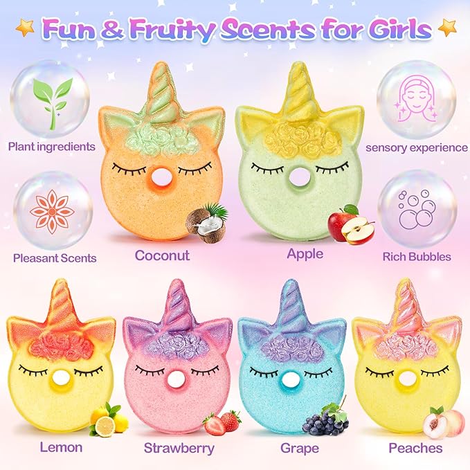 Unicorn Bath Bombs for Kids with Surprise Inside, 6 Pcs Organic Natural Bubble Bath Bombs for Girls,Christmas Birthday Gift for 3 4 5 6 7 8 Year Old Girl,Princess Bath Bomb Kit with Beautiful Toys