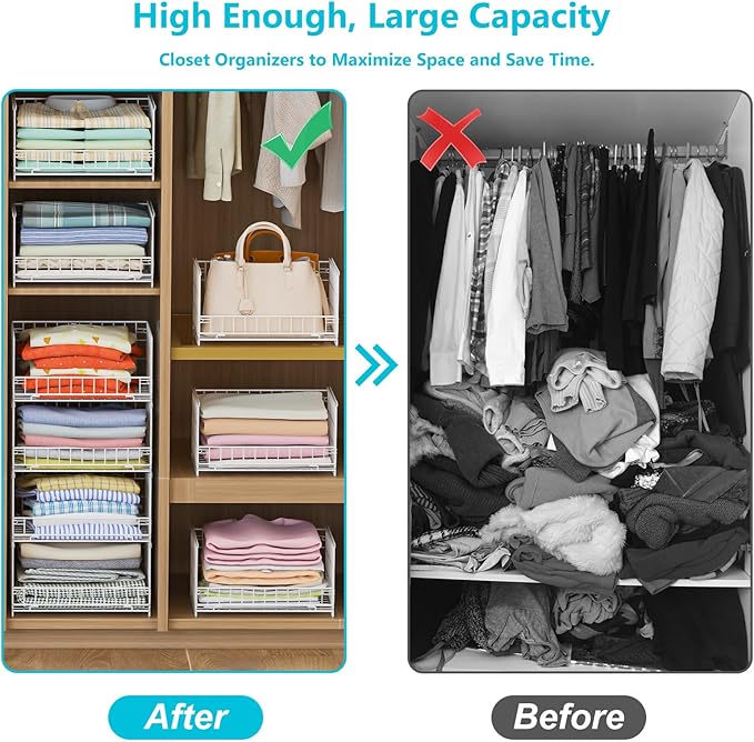 4-Tier Sliding Closet Organizers and Storage Shelves, Stackable Closet Shelf Organizer Basket Bins, Drawer Shelf Storage Container for Wardrobe Cupboard Kitchen Bathroom Office, White