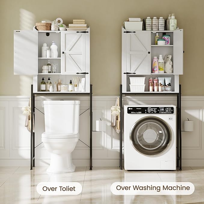 Over The Toilet Storage Cabinet, Over Toilet Organizer with 2-Door & Metal Stand, Bathroom Organizers and Storage with Adjustable Shelves for Bathroom, Restroom, Laundry, White