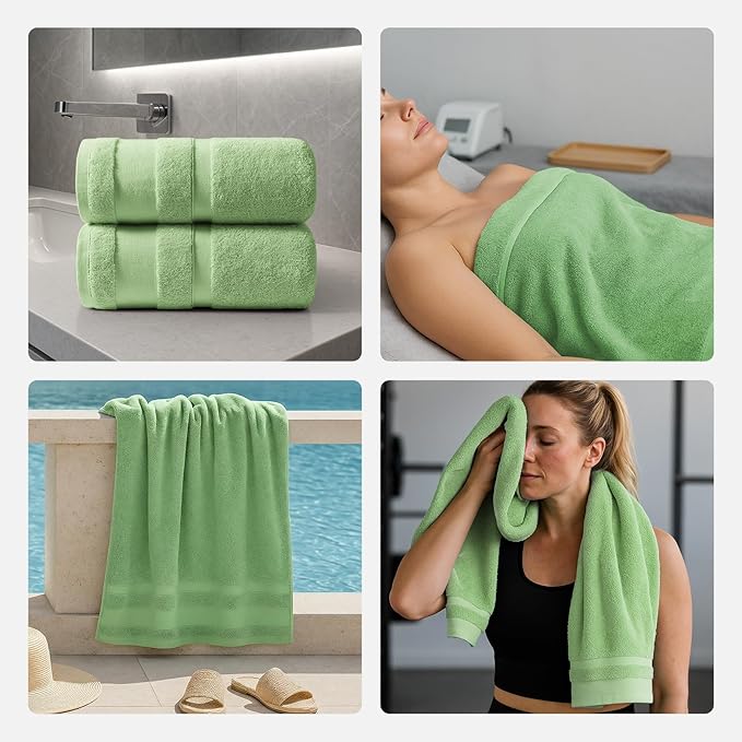 REDKISS 100% Cotton Bath Towels Set of 2, Extra Large Bath Sheets 35 X 70 Inches, 800 GSM, Quick Dry, Ultra Soft & Super Absorbent Bathroom Towel Sets for Bathroom, Gym, Spa, Pool & Hotel, Green