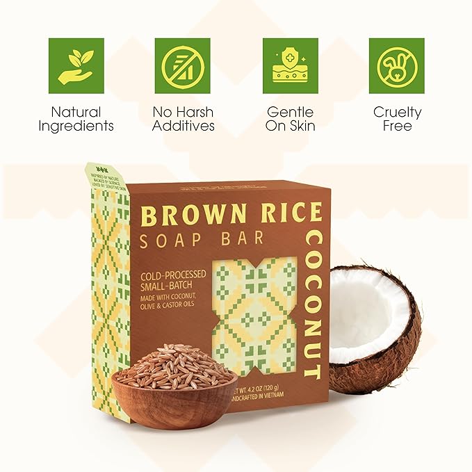 Brown Rice & Coconut Milk 2-in-1 Luxurious Natural Soap Bar (4.2 oz) | Gentle Exfoliation & Nourishing Cleanse | Cold-Processed, Handmade in Vietnam for Smooth, Fresh Skin (Pack of 1)