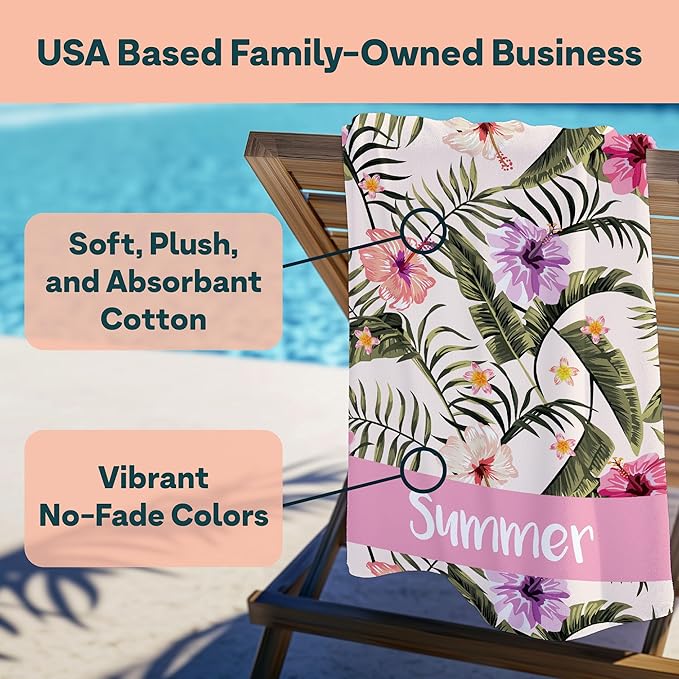 Ships Next Day - Personalized Beach Towel for Kids & Adults - Printed in USA - Custom Towels with Picture and Text - Quick Dry Pool Towels - Cotton/Poly Blend - 30" x 60" - Tropical Hawaiian