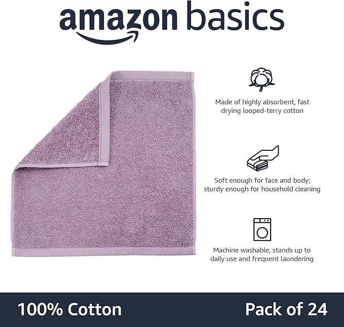 Amazon Basics washcloth for Bathroom, 100% Cotton Extra Absorbent, Fast Drying - Salon Towels, Petal Pink, Lavender, White, 12 x 12 in (Pack of 144)