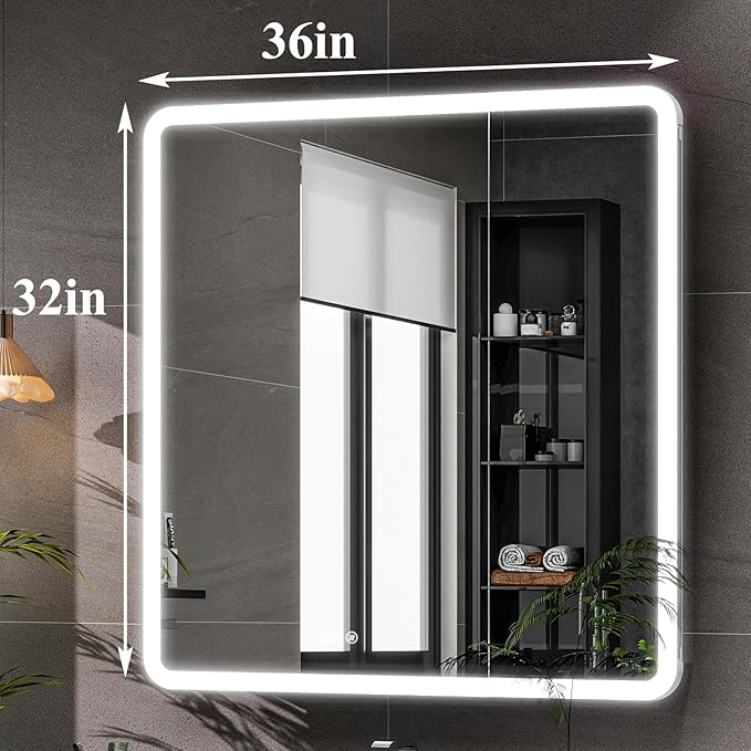LED Bathroom Medicine Cabinet with Mirror, 36 Inch x 32 Inch Bathroom Mirror Cabinet with Door & Adjustable Shelves, Surface Mount or Recess Installation