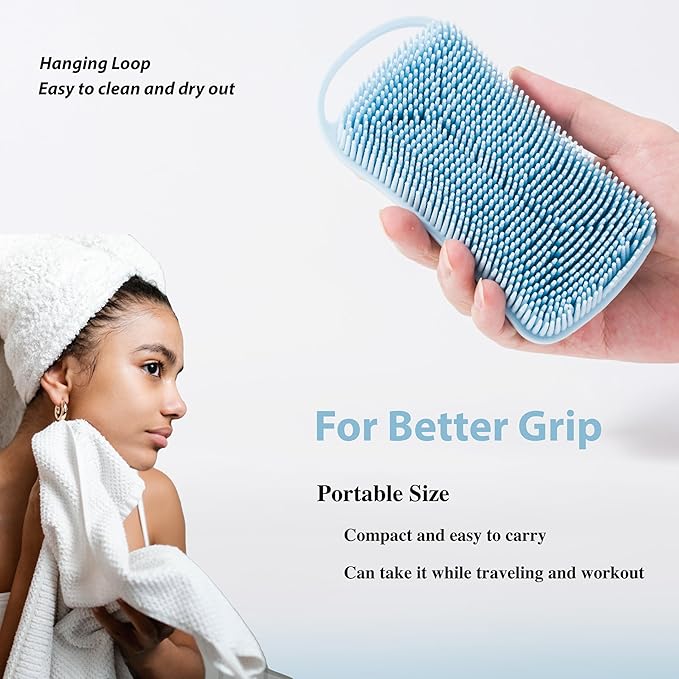 2 PC Silicone Body Scrubber, 2 in 1 Exfoliating Shower Bath Scrubber, Soft Silicone Loofah for Sensitive Skin, Shower Hair Scalp Massager, Easy to Clean, Lather Well (Grey&Blue)