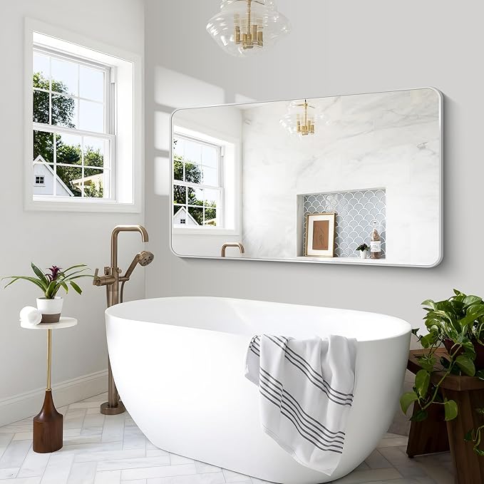 BONEWEI Silver Bathroom Mirror,60x36 inch Wall Mirror for Bathroom Wall Mounted,Rectangle Mirror for Bathroom Over Sink,Modern Frame Round Corner for Living Room,Bedroom Entryway,Horizontal/Vertical