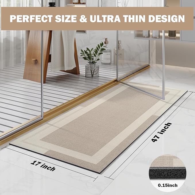 Non Slip Long Bath Mat Bathroom Runner, Rubber Backing Ultra Thin Bathroom Rugs Fit Under Door Quick Dry Super Absorbent Washable Bath Rug Shower Mat for Bathtub Sink Floor, Beige 17"x47"