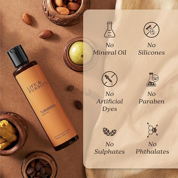 Life & Pursuits Turmeric Body Oil 6.8 Fl Oz X 2- Ayurvedic Natural Body Massage Oil with Vitamin E, Coconut Oil, Almond & Squalane| Reduces Dark Spots, Brightens Skin, Hydrates & Moisturizes Dry Skin