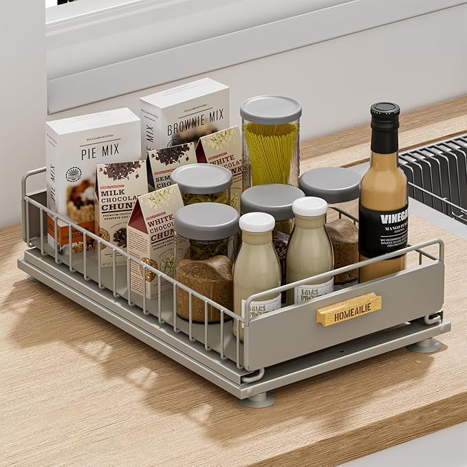 Under Sink Organizer, Single Tier Metal Pull Out Sliding Drawer Shelf for Kitchen Bathroom Cabinet Storage, Sturdy Rack – Gray