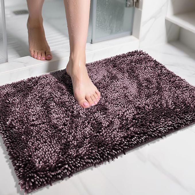 Yimobra Chenille Bathroom Rugs Non Slip, Extra Thick Soft Absorbent Bath Rug 31.5x20 Inch, Machine Washable Quick Dry Bath Mat for Bathroom Floor, Tub and Shower, Home Decor Accessories, Purple Grey