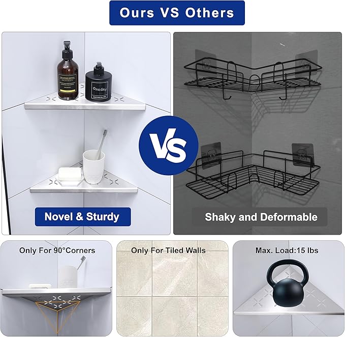 10" Corner Shower Shelf, 2-Pack Shower Shelves SUS304 Stainless Steel Bathroom Shelves for Tile Walls, Recessed Corner Shelf Organizer Rack, No Drilling (Brushed)