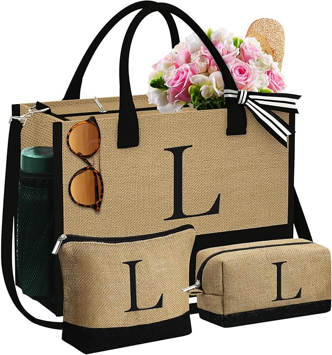 YOOLIFE Christmas Gifts for Women - Initial Jute Tote Bag & 2 Makeup Bags Personalized Gifts for Women Teacher Mom Friend