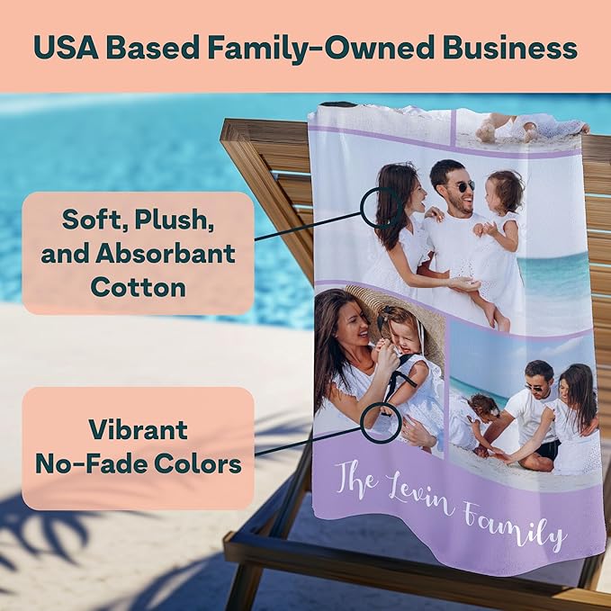 Winslow & Brody Ships Next Day - Personalized Beach Towel for Kids & Adults - Printed in USA - Custom Towels with Picture and Text - Quick Dry Pool Towels - Cotton/Poly Blend - 30" x 60" - 5 Photos