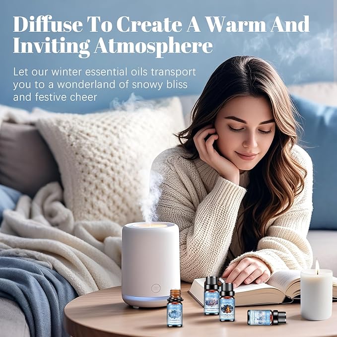 Winter Essential Oils Set, 6 Premium Holiday Fragrance Oil for Diffuser, Candle & Soap Making, Frozen Magic, Winter Wonderland, Hot Cocoa, Frosted Fir, Warm Sweater, Log Fire, Scented Oils for Home