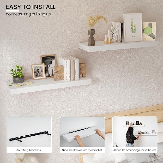 Vivelove Wooden Floating Shelves for Wall 24” x 8”x 1.4”, Solid Wood Shelf with Invisible Brackets, Deep Wall Shelves for Bathroom, LivingRoom, Kitchen, Bedroom, Modern Home Decor, Set of 2 - White