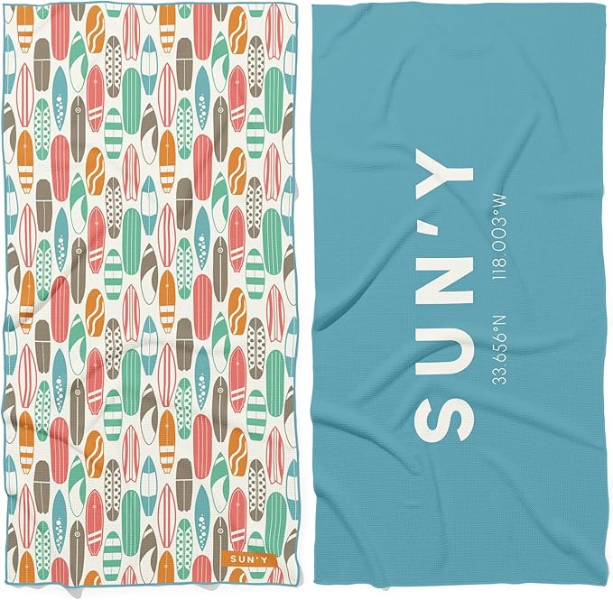 SUN'Y Waffle Microfiber Beach Towel – Sand Free, Quick Dry, Ultra Absorbent, Lightweight & Compact Travel Towel with Carry Bag - Large (63” x 31.5”), Huntington