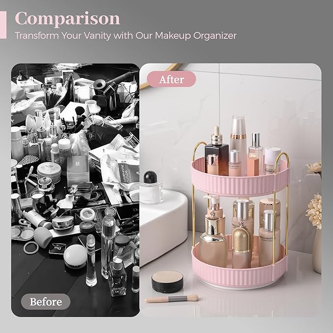 Aveniee 360 Rotating Makeup Organizer for Vanity, Skincare Perfume Organizers, Bathroom Countertop Organizer and Storage, Clear Cosmetics Lipstick Holder for Dresser,2 Tiers, Pink