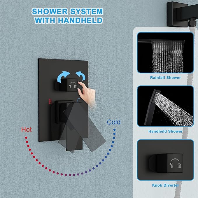 Rain Shower System - Lordear 10 Inch Rainfall Shower Head Faucet System Set Wall Mounted Matte Black Stainless Steel Square Shower Head with Handheld Combo, Brass Valve Included