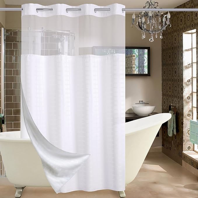 Conbo Mio Stall No Hook Shower Curtain with Snap in Liner Set, Hotel Luxury White Shower Curtains for Bathroom with See Through Top Window, Waterproof, Washable 54W x 74H