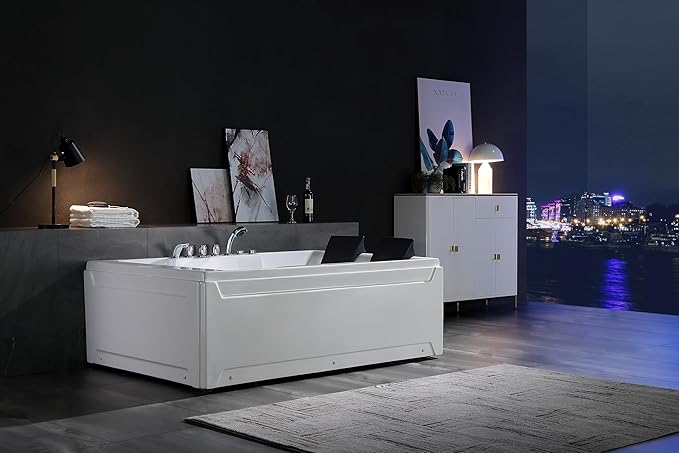 Empava 1125W Whirlpool Tub,72" x 48" Jetted Bathtub for 2 Person, Hydro Massage & Chromatherapy,ETL Certified,3 Sided Apron,Acrylic ,110 Gallons,Left Drain