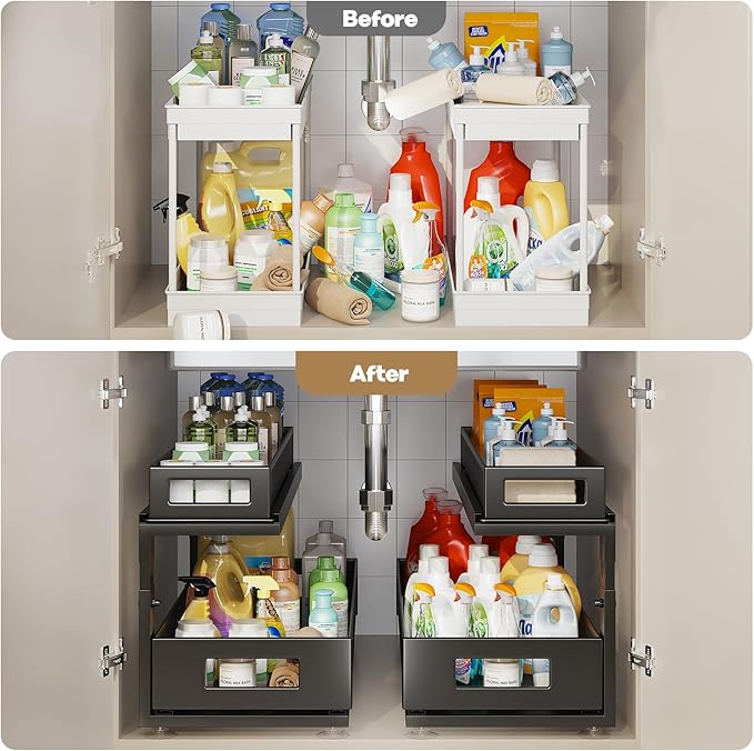 2 Pack 21.3IN-Depth Under Sink Organizer with Next-Gen Ball-Bearing Slides,2-Tier Pull Out Cabinet Storage,Height Adjustable Drawer Shelf for Bathroom,Kitchen,Laundry,Cabinet,Pantry-Black