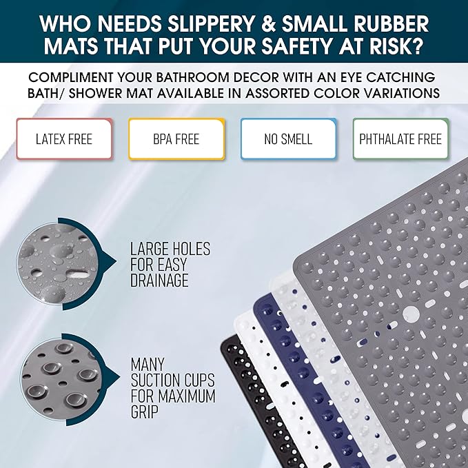 ENKOSI Square Shower Mat 27x27 inch - Large Anti Slip Shower Floor Mat - Non Slip Bathroom Shower Stall Mats with Strong Secure Suction Cups and Drain Holes in Middle (Navy Blue 27x27)